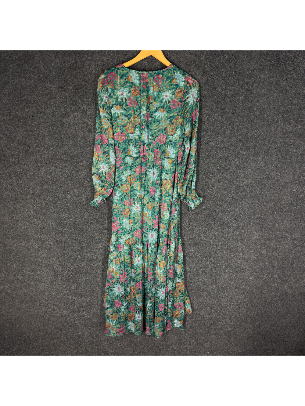 LC Lauren Conrad Wrap Dress S Small Green Floral Long Tasseled Belted V-Neck - Picture 4 of 9
